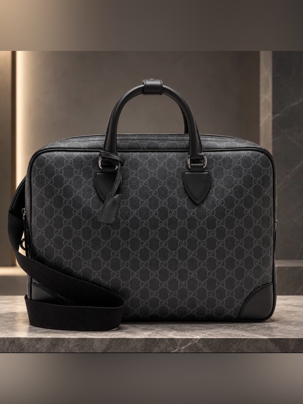 GUCCI GG EMBLEM MEDIUM BRIEFCASE BLACK GG MONOGRAM COATED CANVAS AUTHENTIC NEW